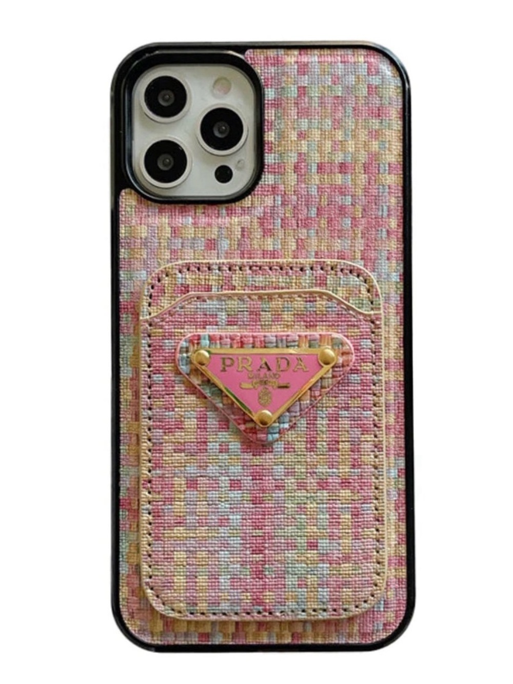 New ~ Designer Pink Multicolor Fabric iPhone 15+ Case with Card Pocket
